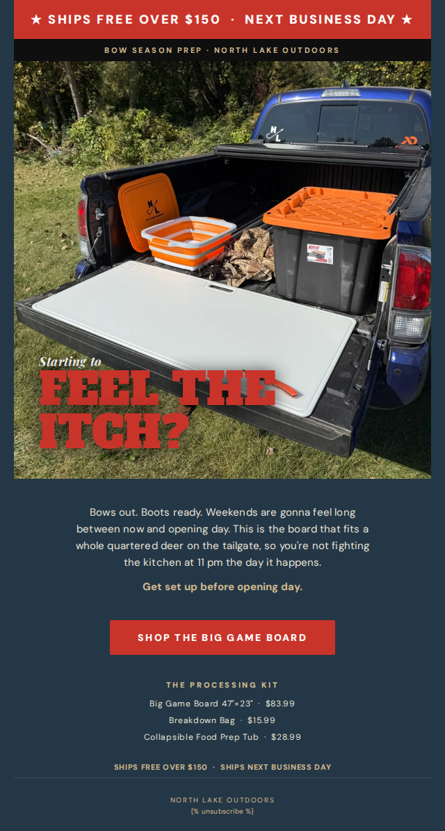Big Game Cutting Board on truck tailgate with bow season prep kit