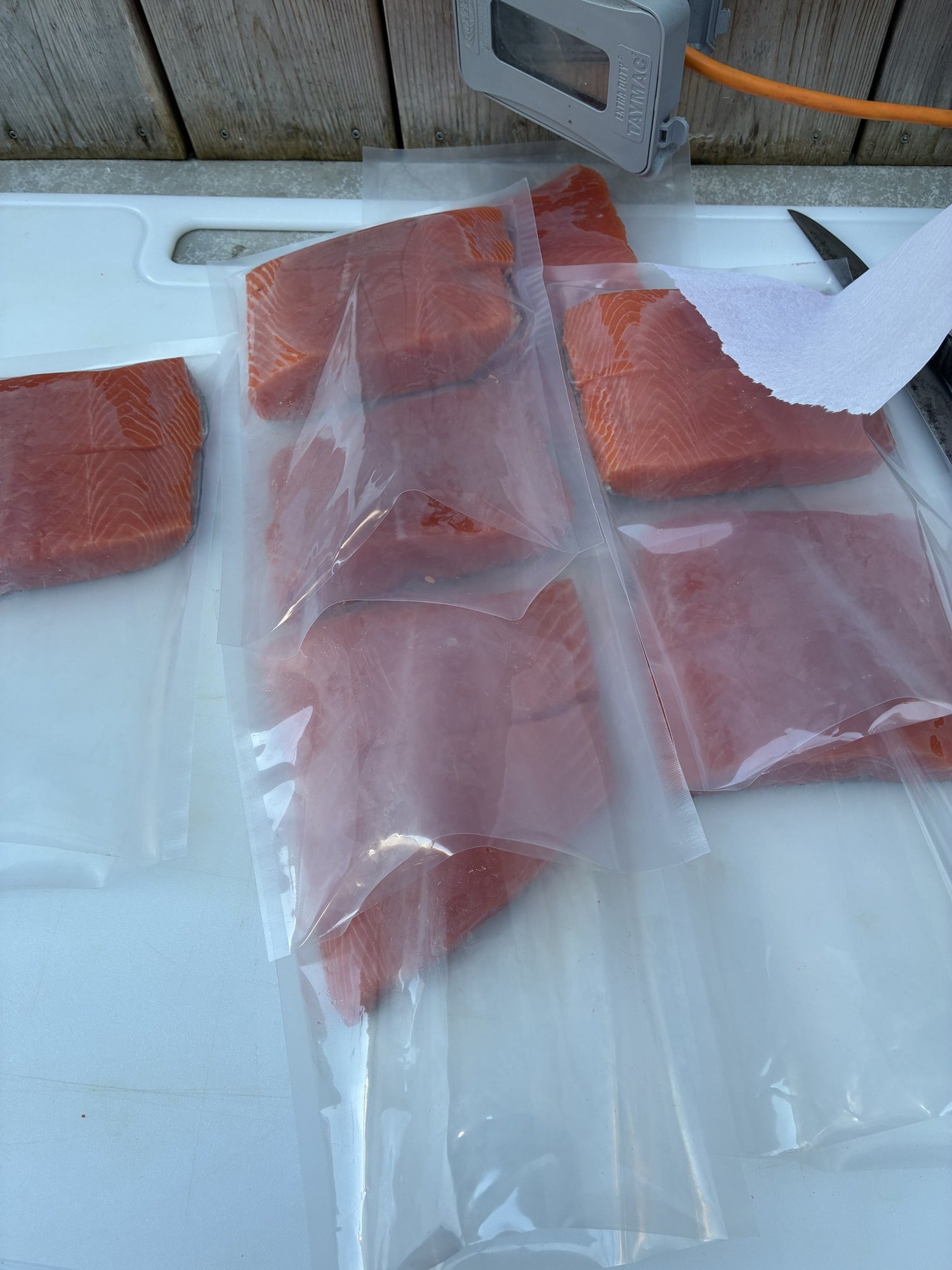 Vacuum-sealed salmon portions on the Big Game board